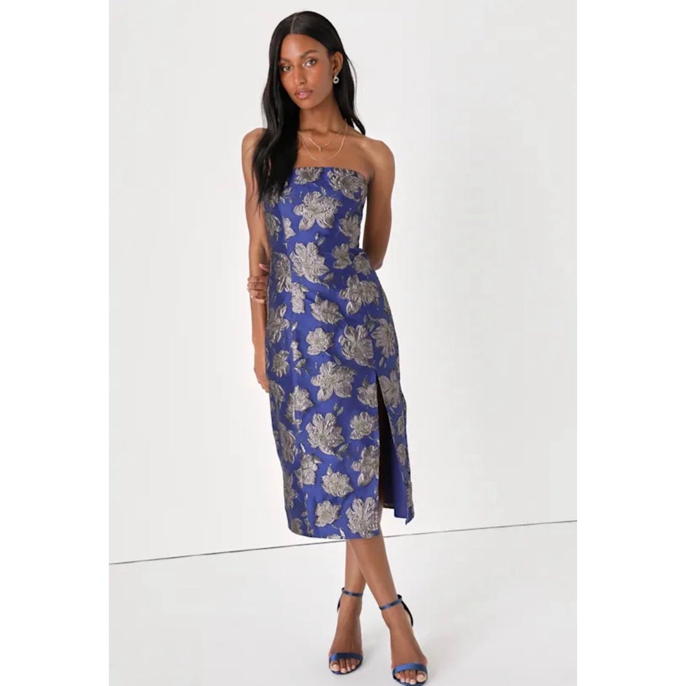 Lulu's Navy Blue Strapless Midi Dress with Metallic Floral Brocade - Picture 12 of 12